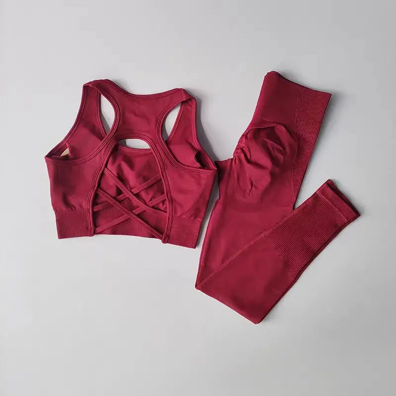 Conjunto de treino feminino fitness, yoga, treino, sutiã esportivo + cintura alta, leggings, roupas de ginástica, sem costura