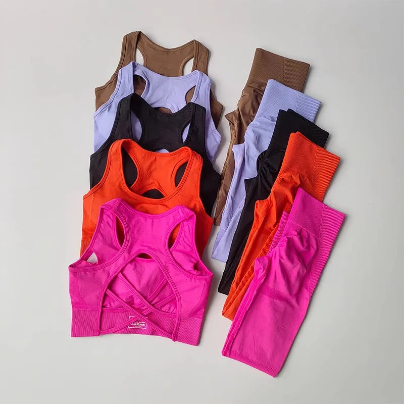 Conjunto de treino feminino fitness, yoga, treino, sutiã esportivo + cintura alta, leggings, roupas de ginástica, sem costura