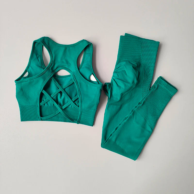 Conjunto de treino feminino fitness, yoga, treino, sutiã esportivo + cintura alta, leggings, roupas de ginástica, sem costura